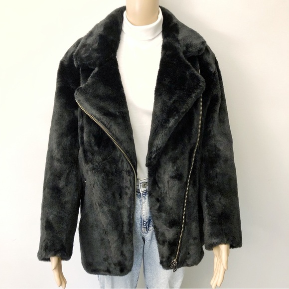 NWOT The Kooples Luxury Black Faux Fur Moto Bike Jacket Outerwear. Large. - Picture 2 of 16